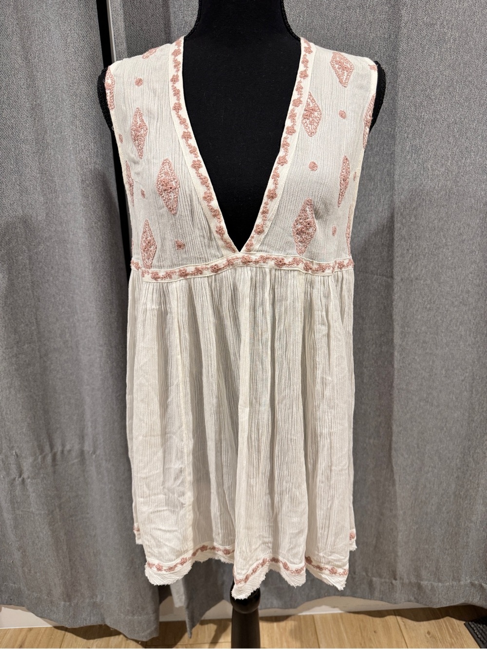 Free People Sleeveless White Gauze V-Neck Shirt with Blush Embroidery